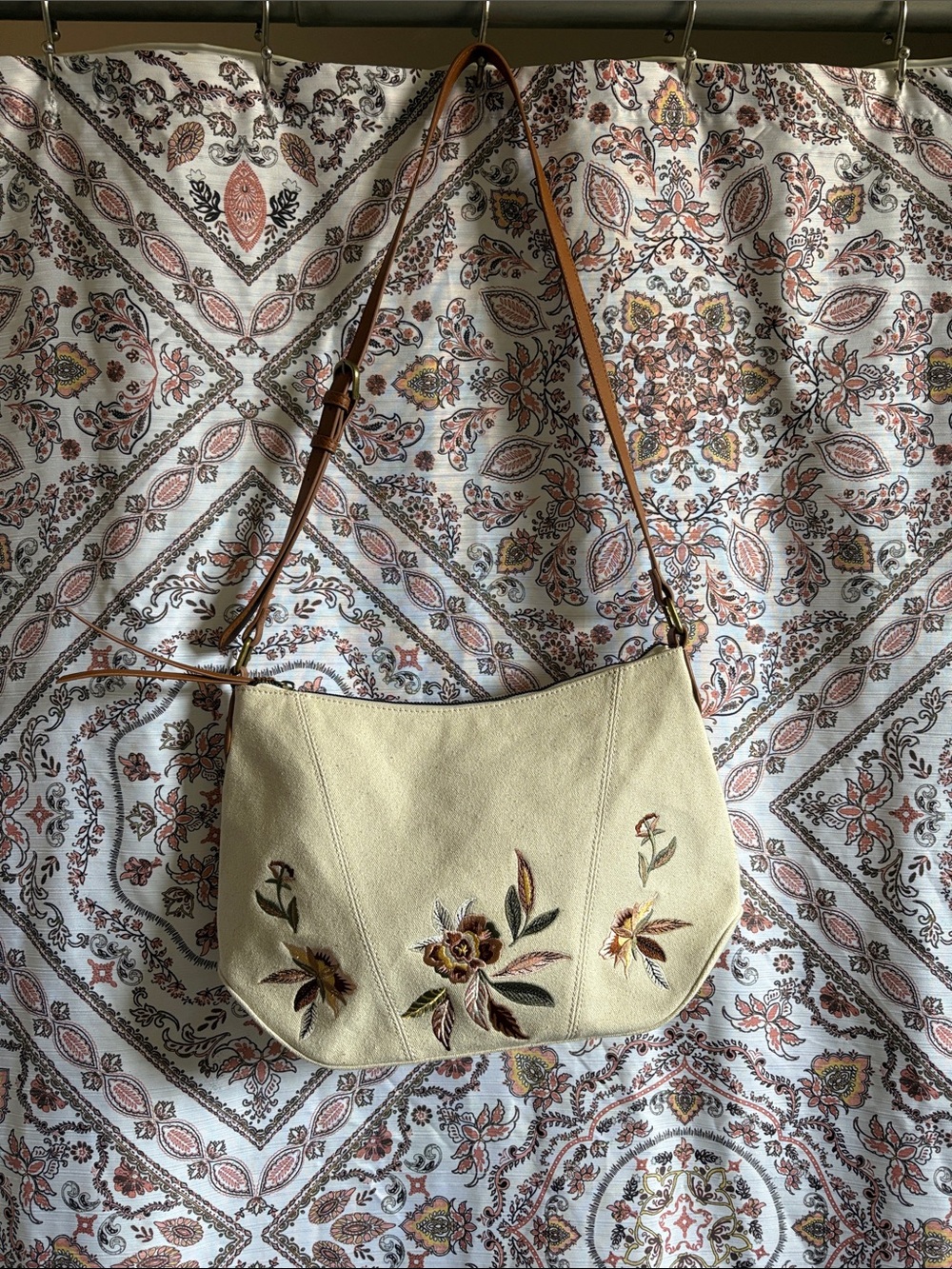 Lucky Brand Cream Shoulder Bag with Tan Strap and Floral Embroidery